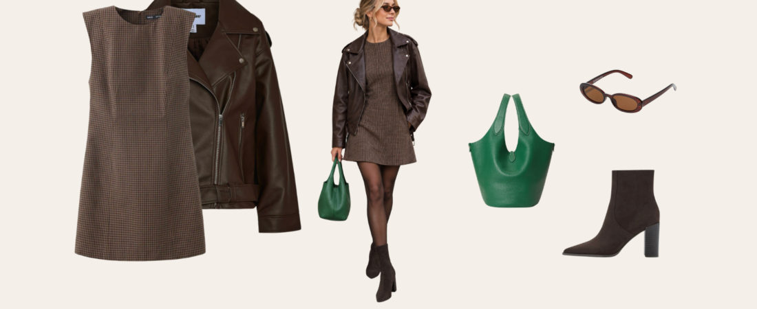 Look automne : perfecto marron, robe pied-de-poule et sac vert