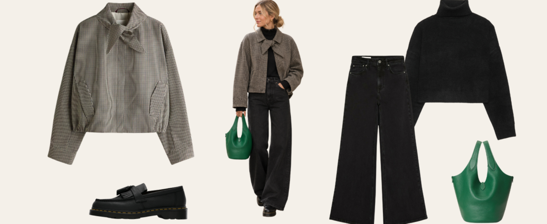 Look d’automne : veste à carreaux, jean noir large et sac vert